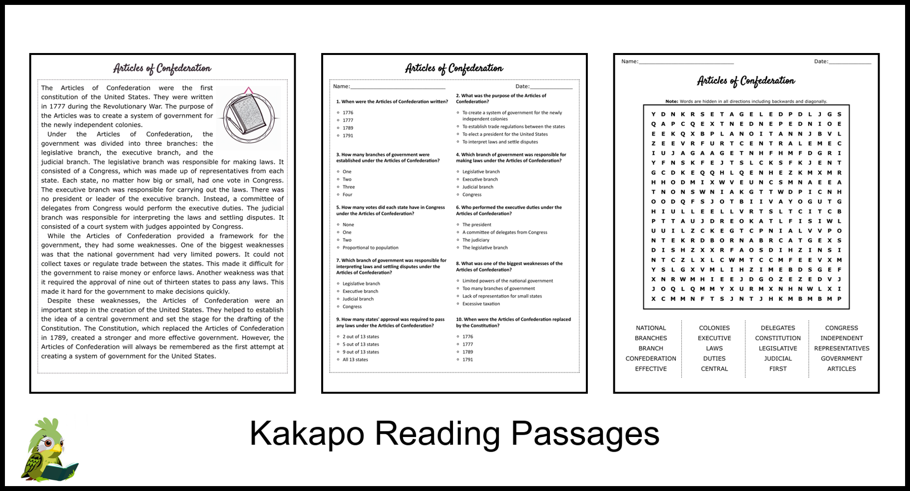 Articles Of Confederation Reading Comprehension And Word Search Teaching Resources