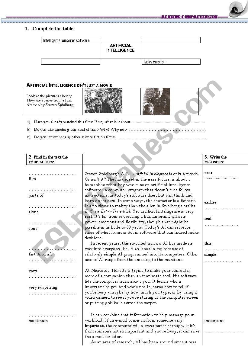 ARTIFICIAL INTELLIGENCE Reading Comprehension ESL Worksheet By Aleia