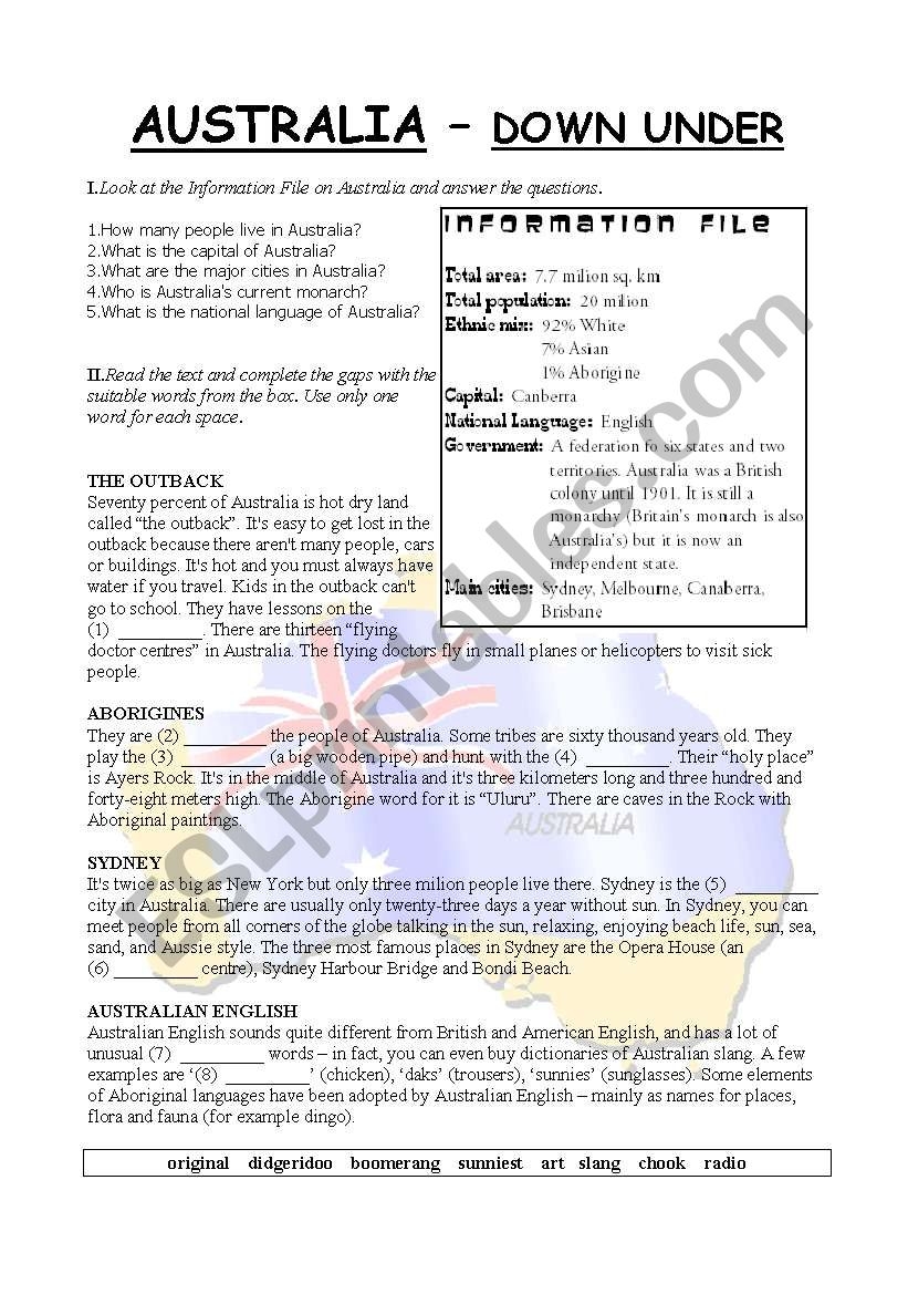 Australia Reading Comprehension ESL Worksheet By Gossipgirl