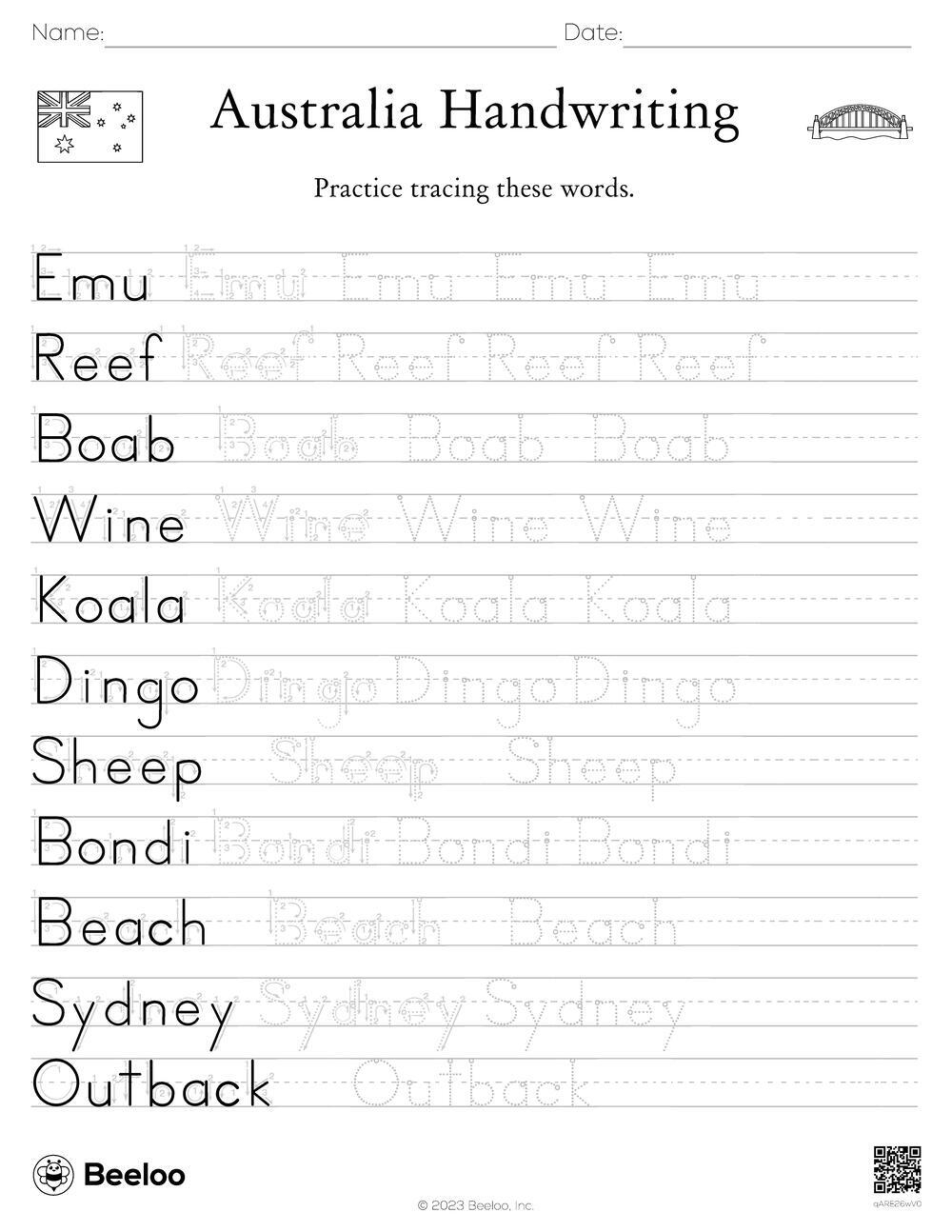 Australia themed Word Tracing Worksheets Beeloo Printable Crafts 