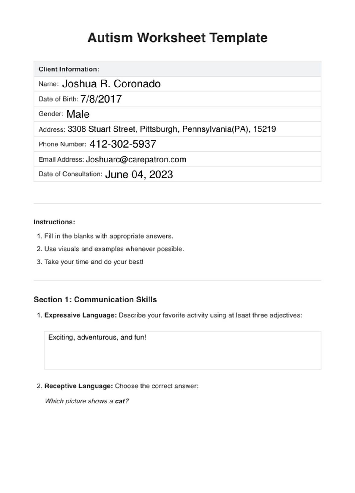 Free Printable Autism Worksheets