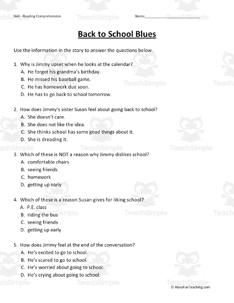 Back To School Reading Comprehension Worksheets