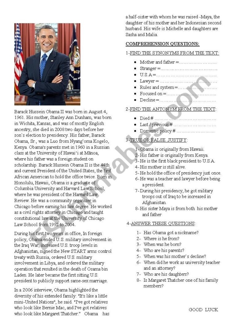 BARAK OBAMA READING COMPREHENSION ESL Worksheet By Marinal
