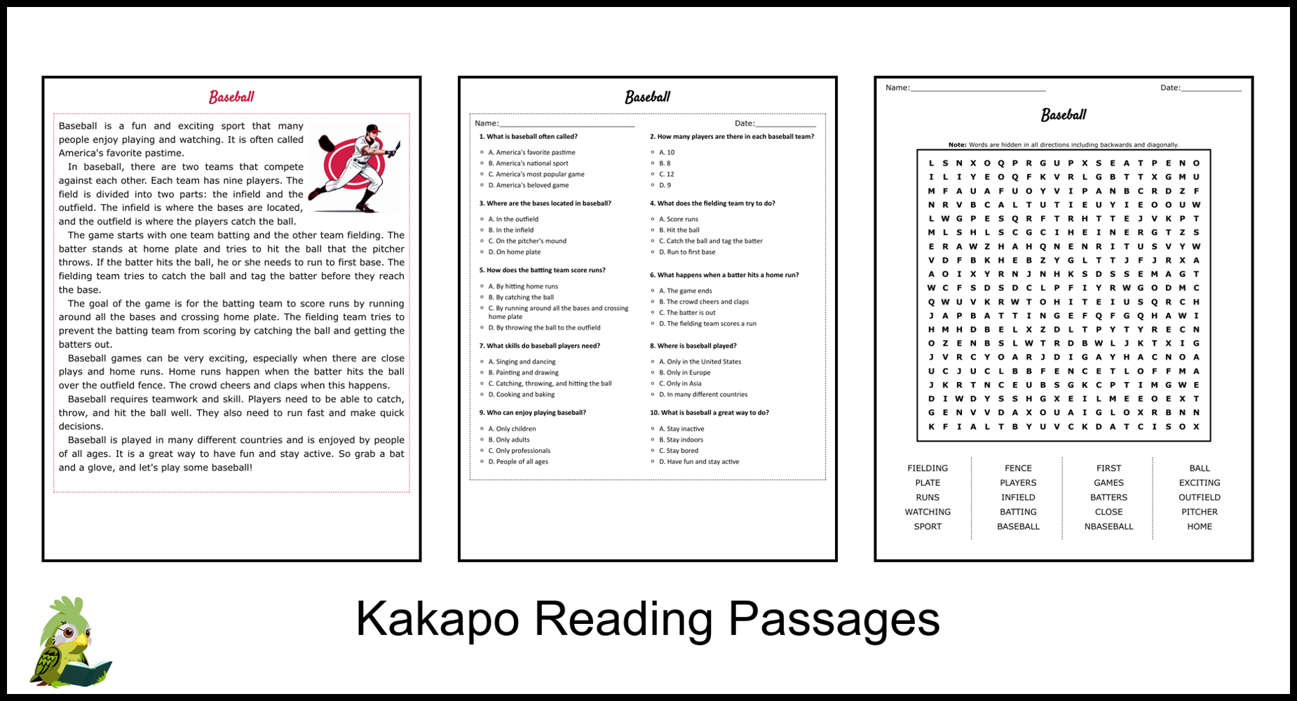 Baseball Reading Comprehension And Word Search Teaching Resources