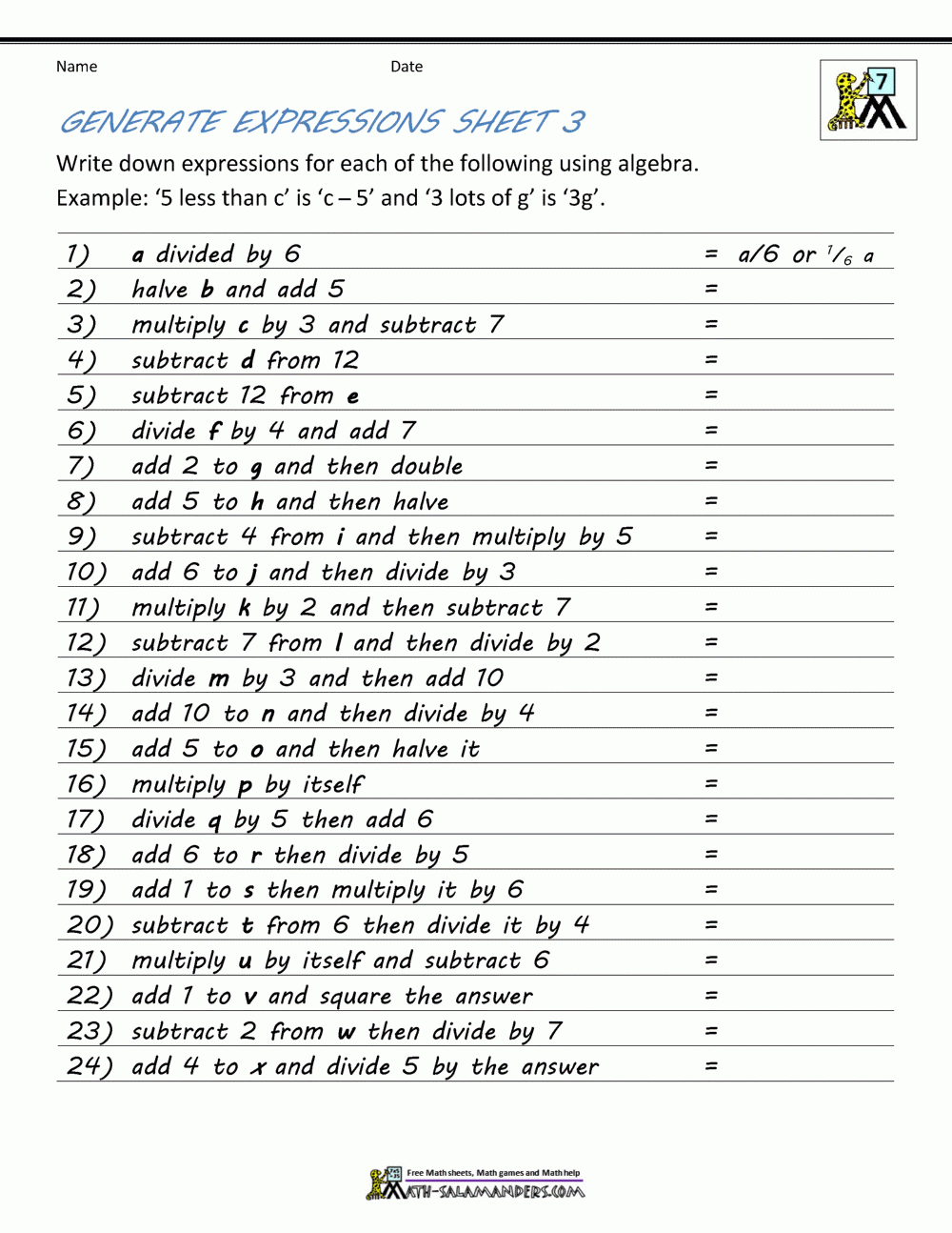 Basic Algebra Worksheets