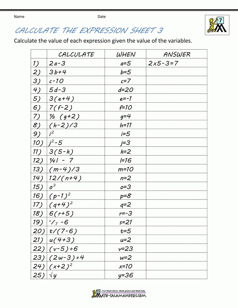 7th Grade Math Free Printable Worksheets