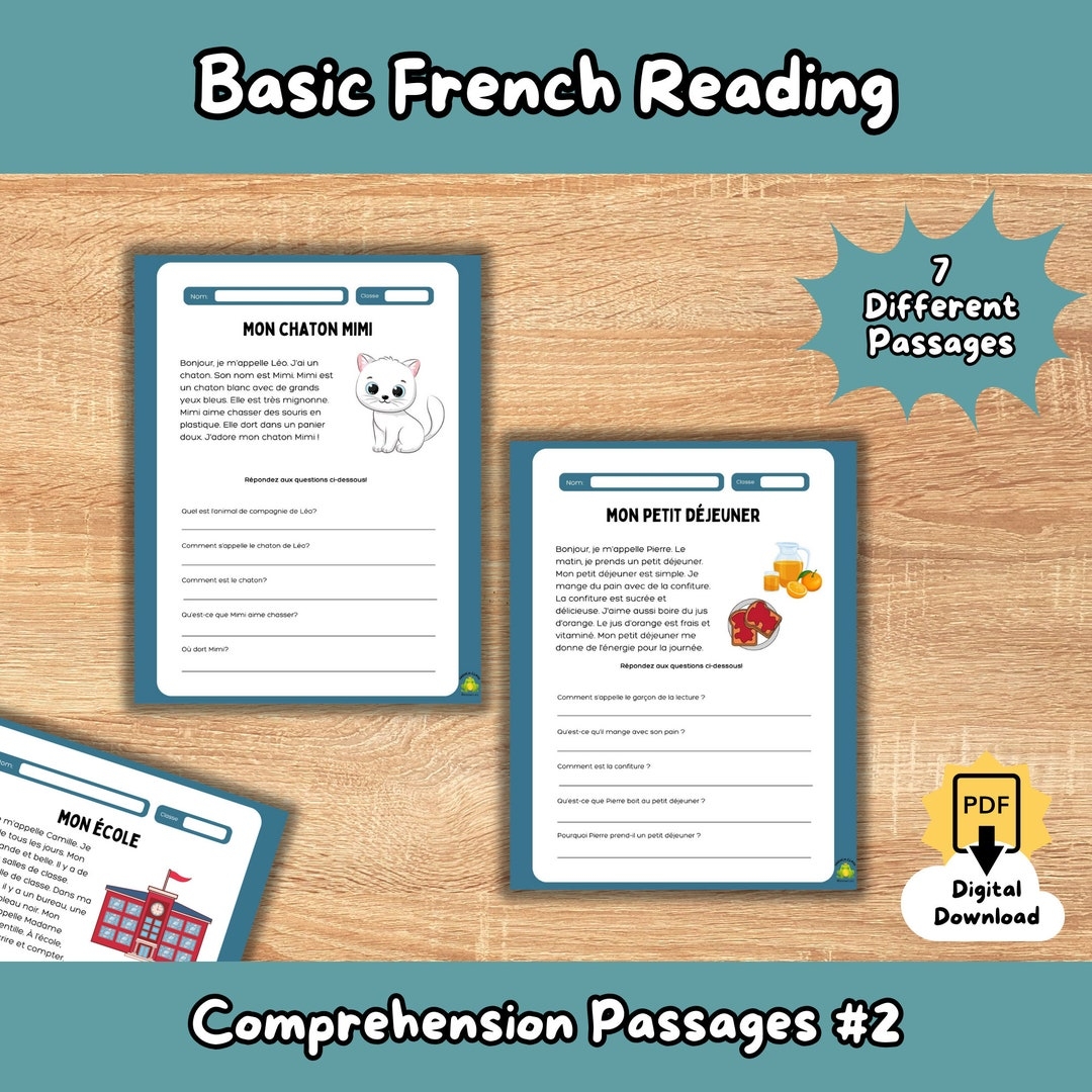 Basic French Reading Comprehension 2 french Learning Classroom Printable Reading Passages Beginner Levels Basic Core Themes vocabulary Etsy