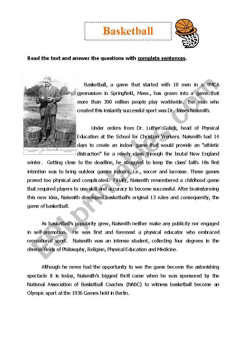 Basketball Reading Comprehension ESL Worksheet By babz