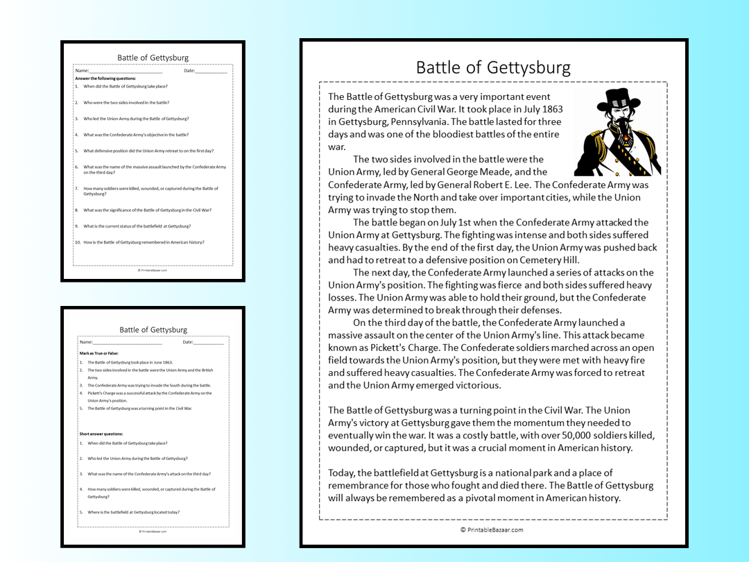 Battle Of Gettysburg Reading Comprehension Passage Printable Worksheet Teaching Resources