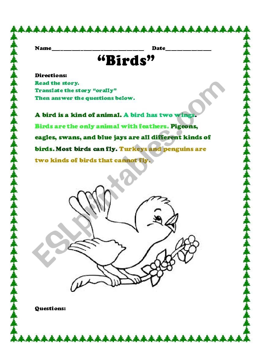 Bird Reading Comprehension Worksheet