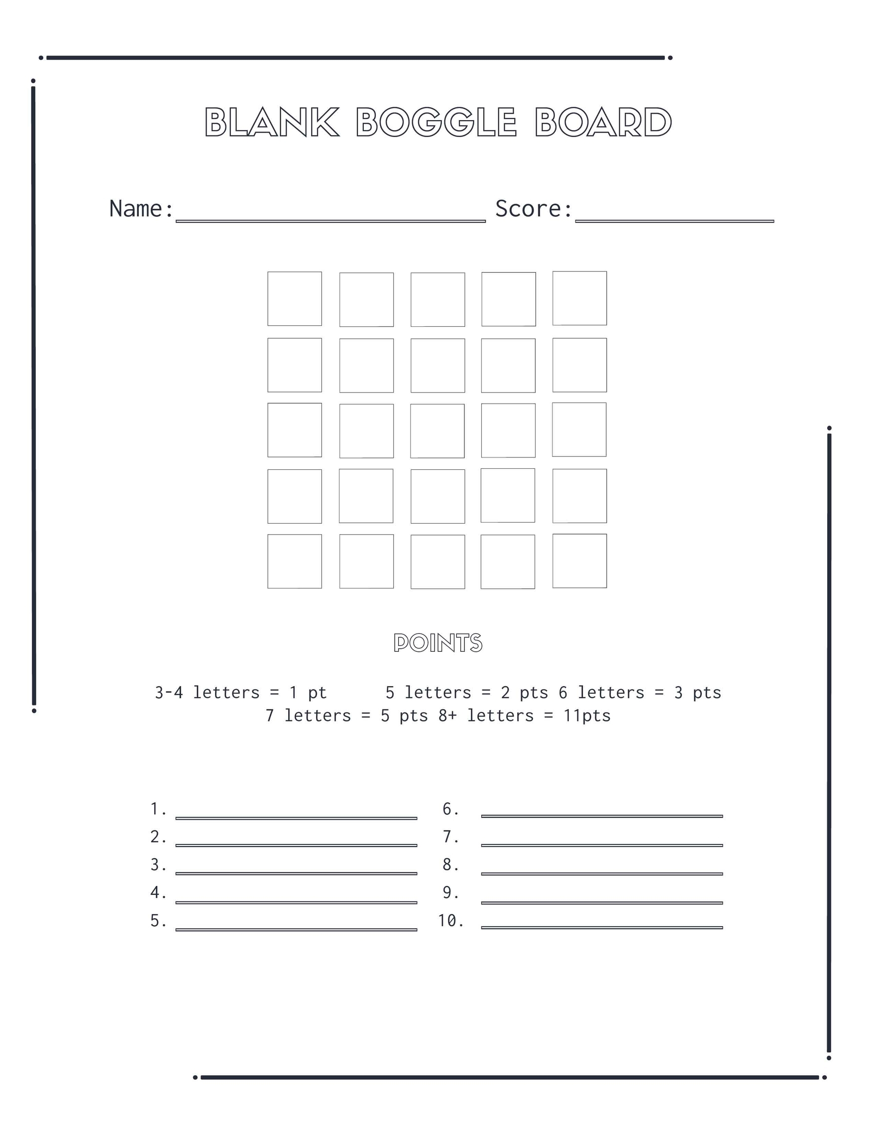 Boggle Gameboard Printable Worksheet Free