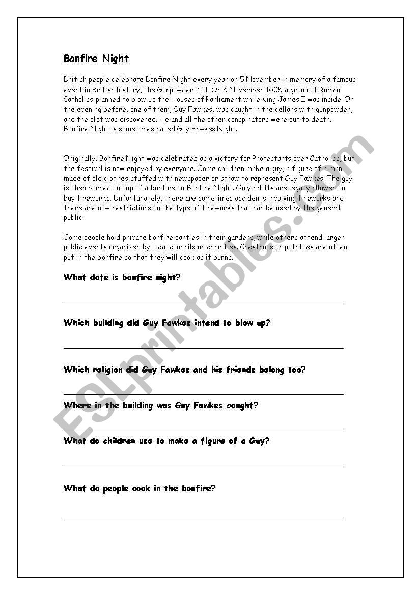 Bonfire Night Comprehension ESL Worksheet By Miss Mcd