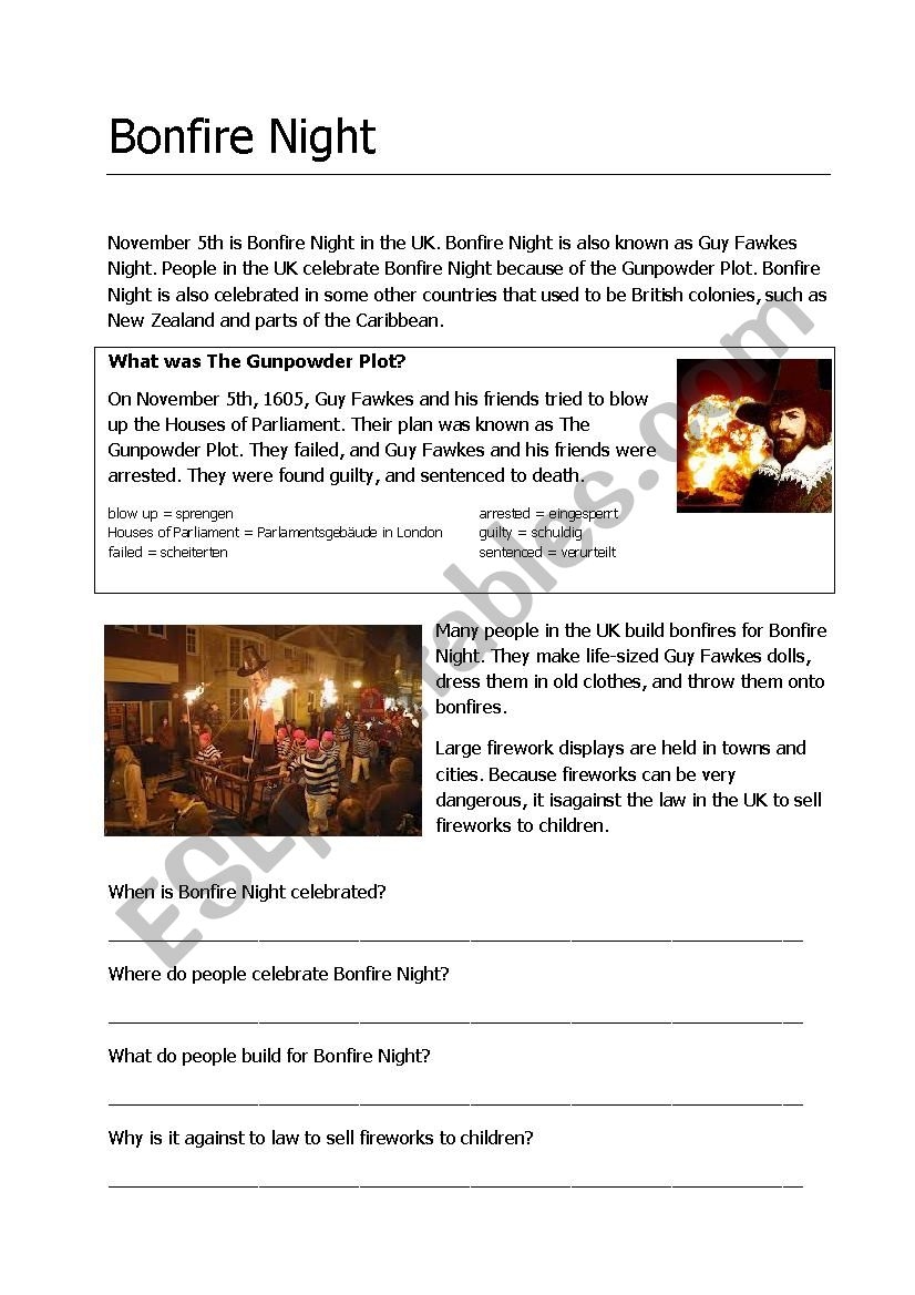 Bonfire Night ESL Worksheet By Moni reis