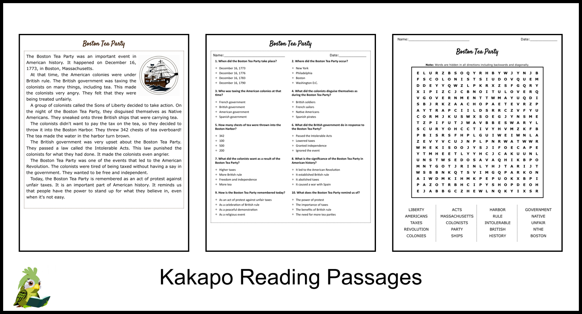 Boston Tea Party Reading Comprehension And Word Search Teaching Resources