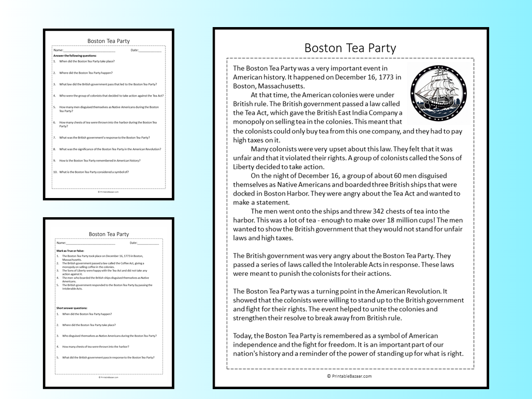Boston Tea Party Reading Comprehension Worksheets