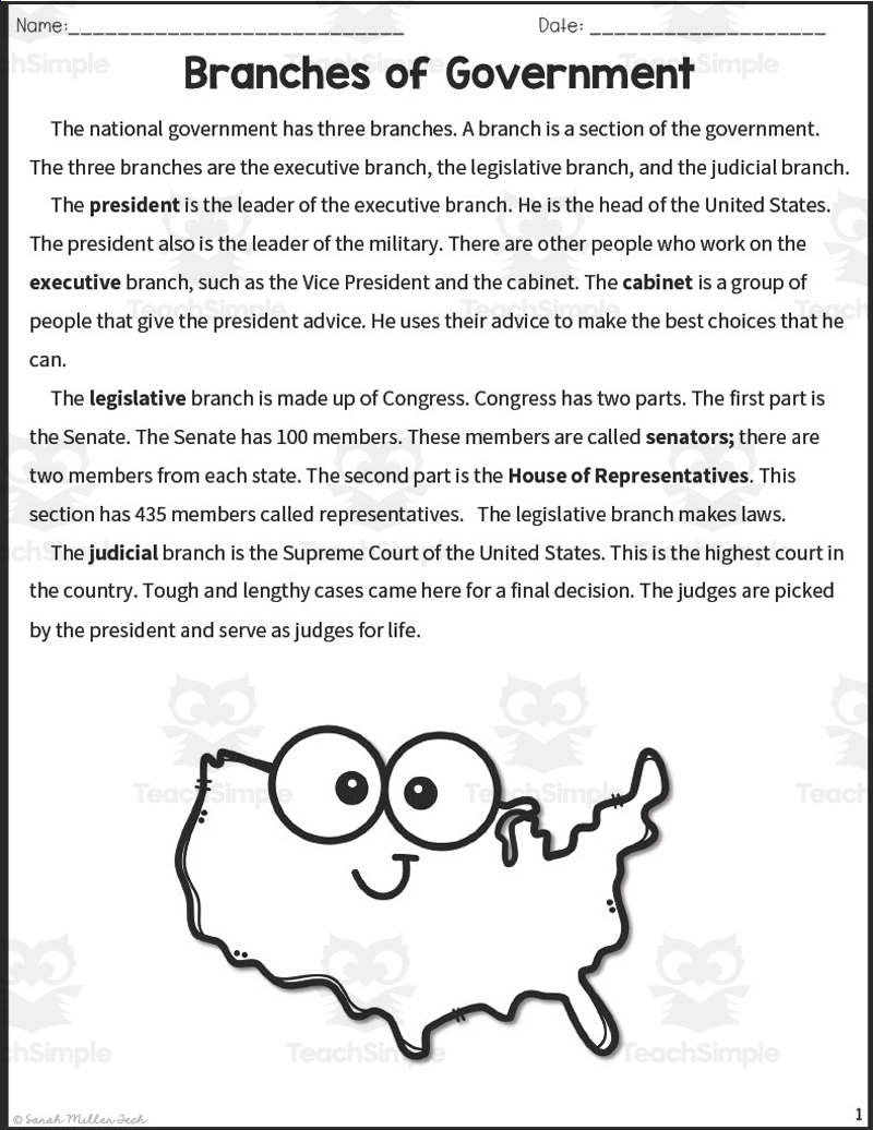 Branches Of Government Reading Packet