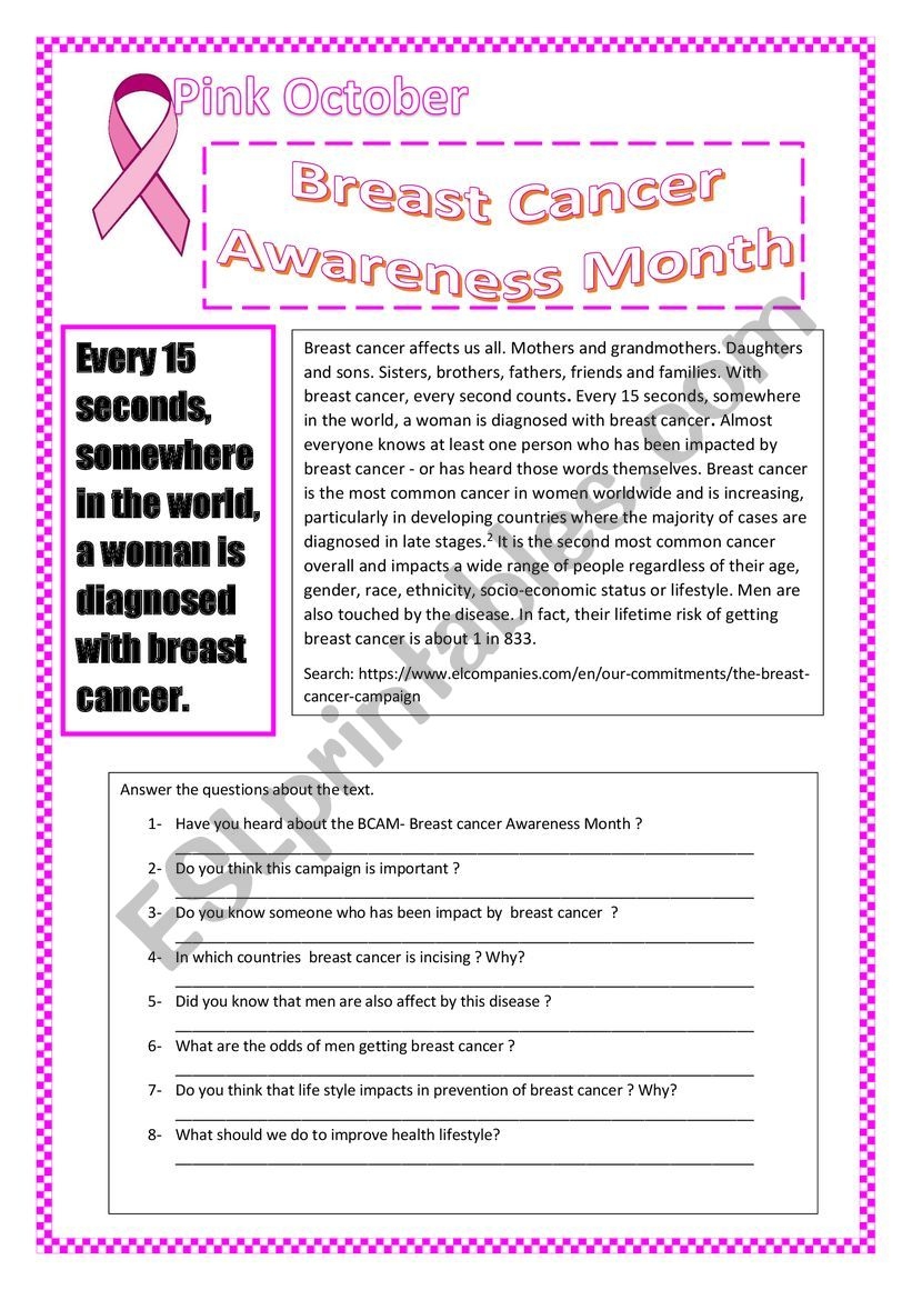 Breast Cancer Awareness Month ESL Worksheet By Liligirl