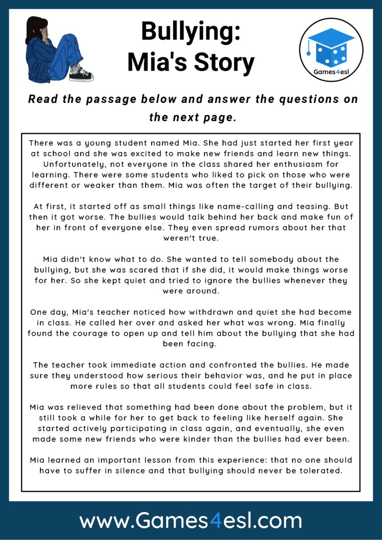 Bullying Reading Comprehension Worksheet Games4esl