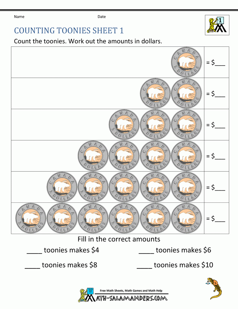 Canadian Money Worksheets