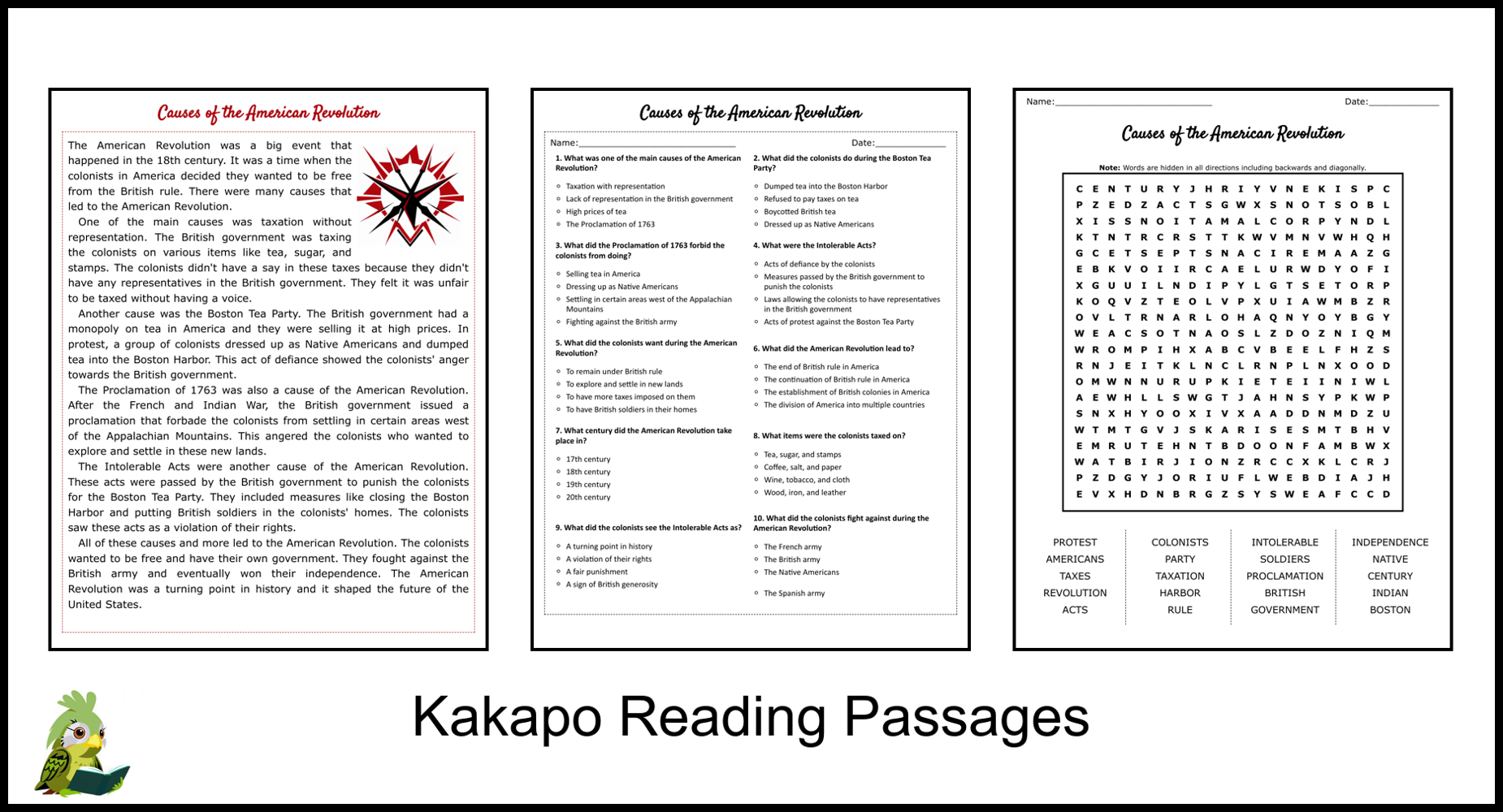 Free American Revolution Reading Comprehension Worksheets