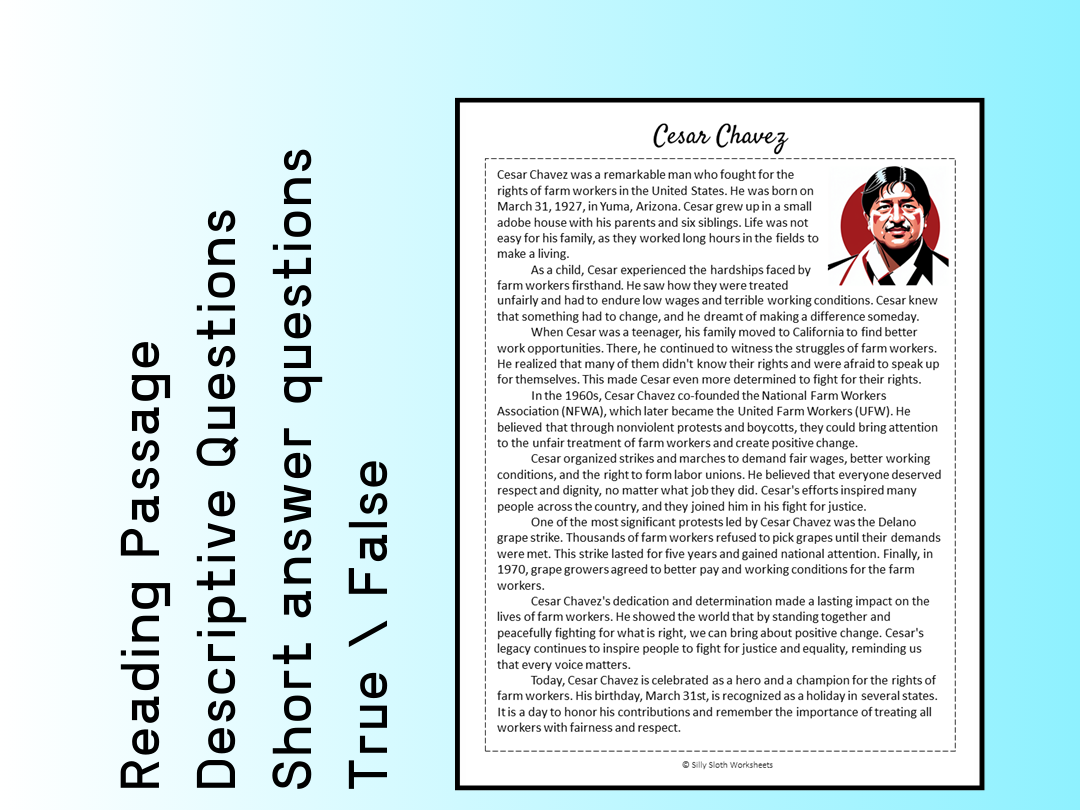 Cesar Chavez Biography Reading Comprehension Passage Printable 