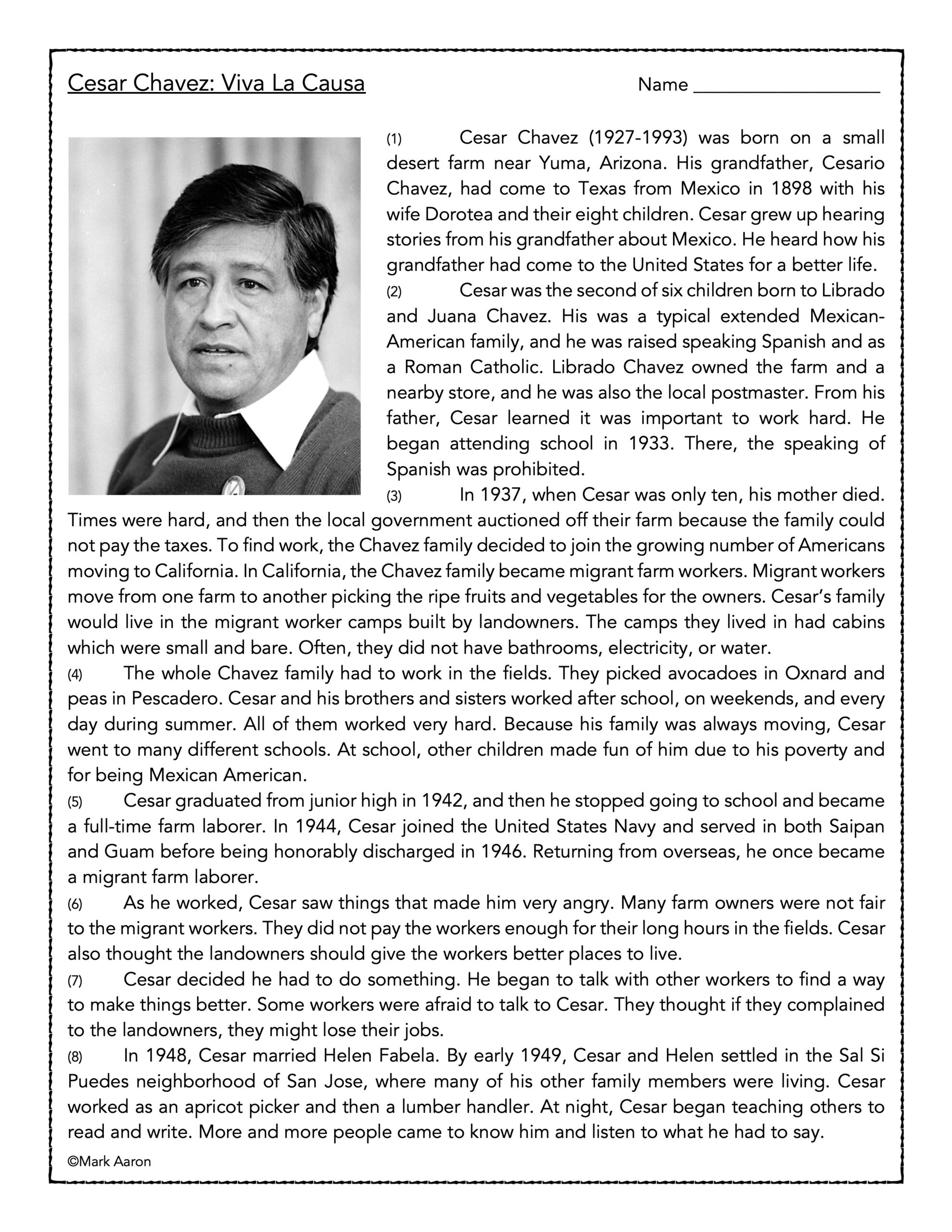 Cesar Chavez Reading Comprehension Biography And Assessment 