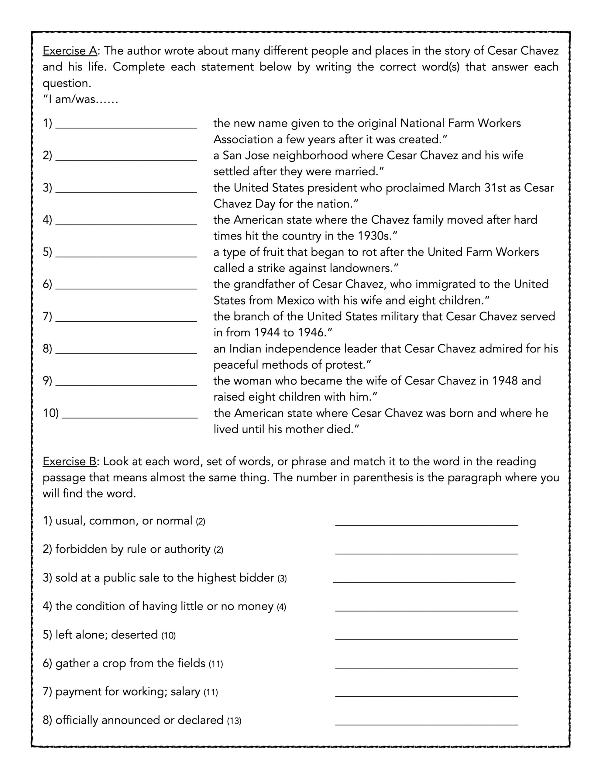 Cesar Chavez Reading Comprehension Biography And Assessment 