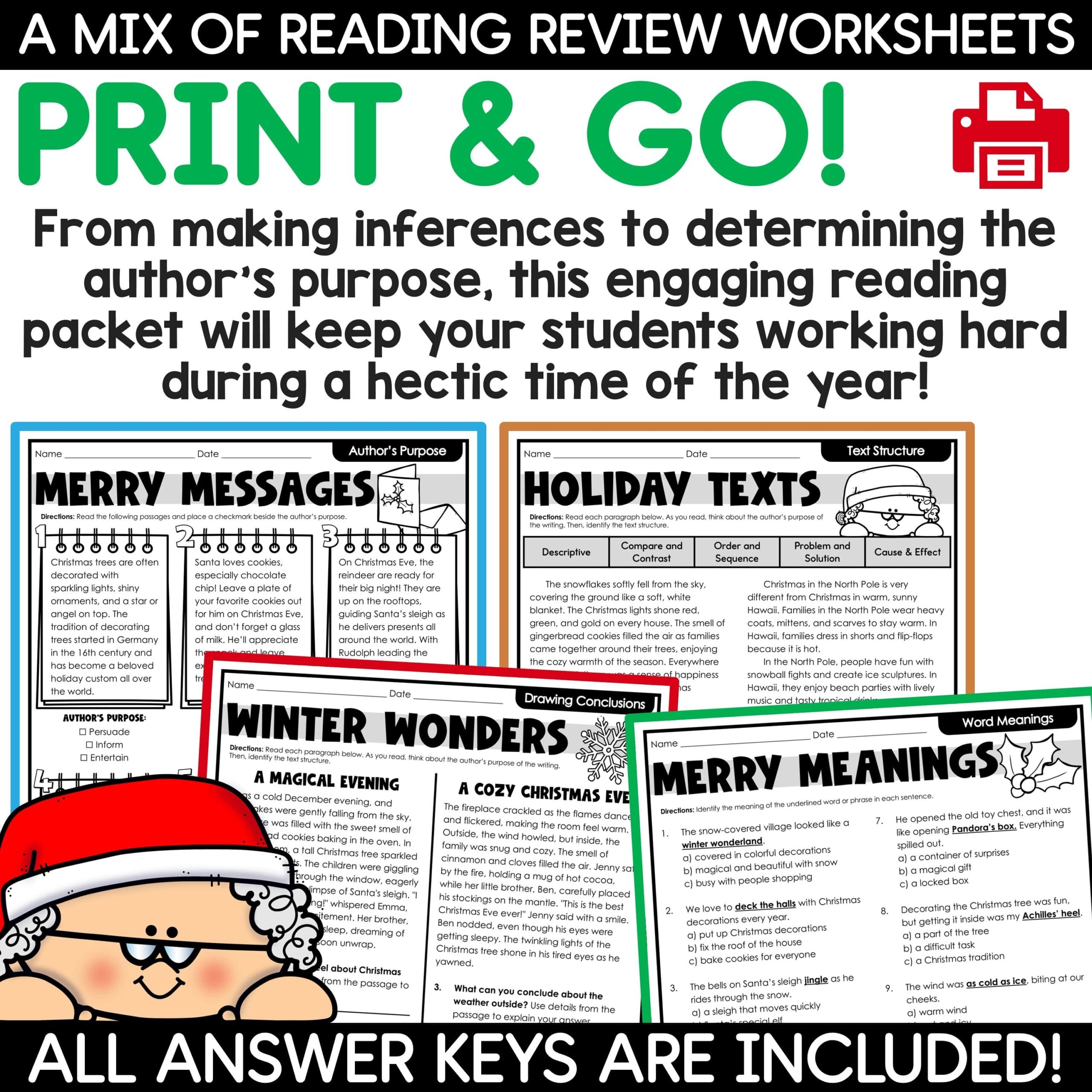 Christmas Reading Activities Passages Christmas Fun Packet 4th 5th 
