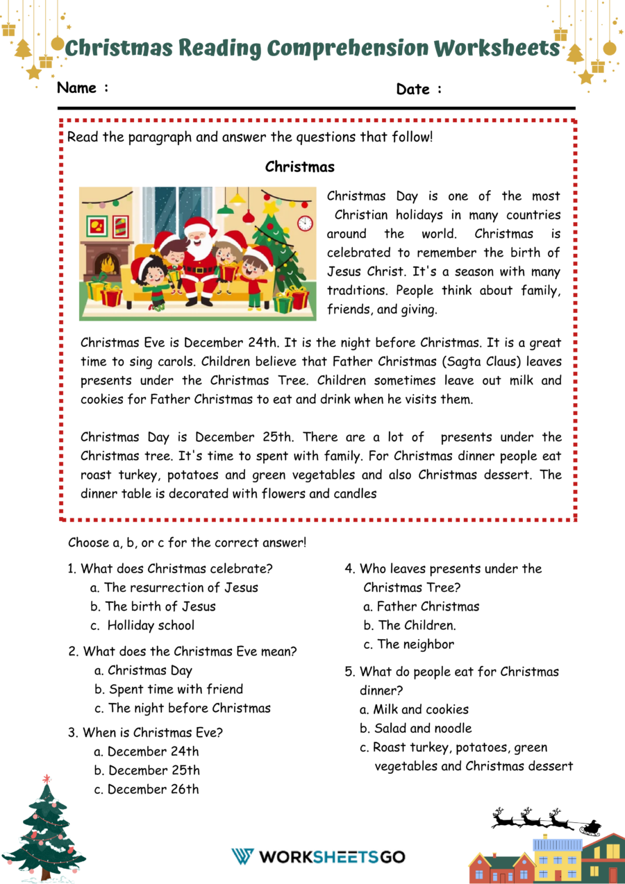Christmas Reading Comprehension Worksheets 4th Grade