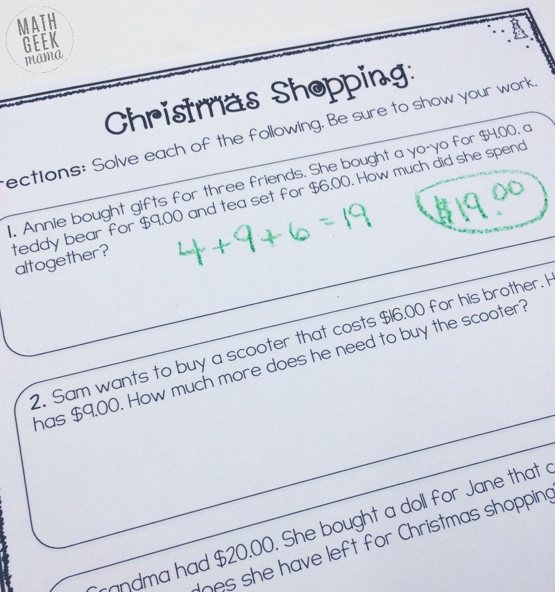 Christmas Shopping Money Math Worksheets FREE 