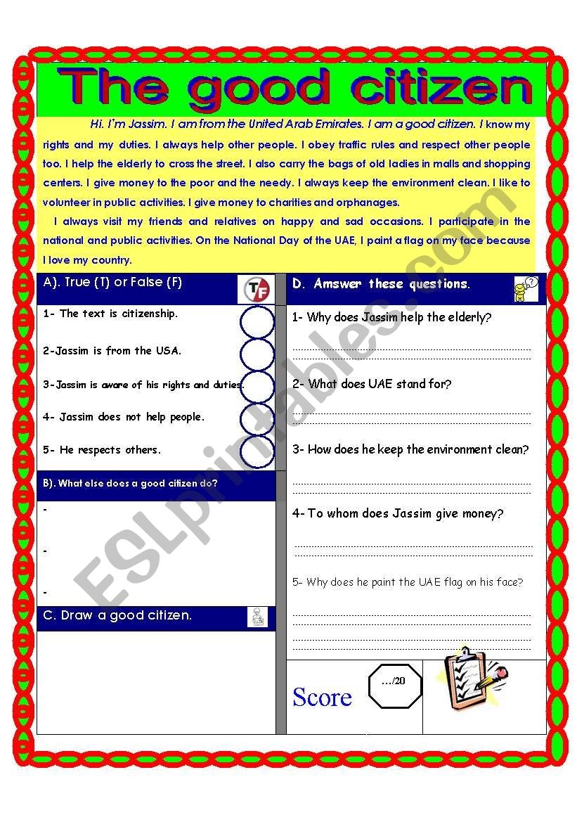 Citizenship And Civic Responsibilities Reading Comprehension UAE ADEC Theme ESL Worksheet By Shmiskeen