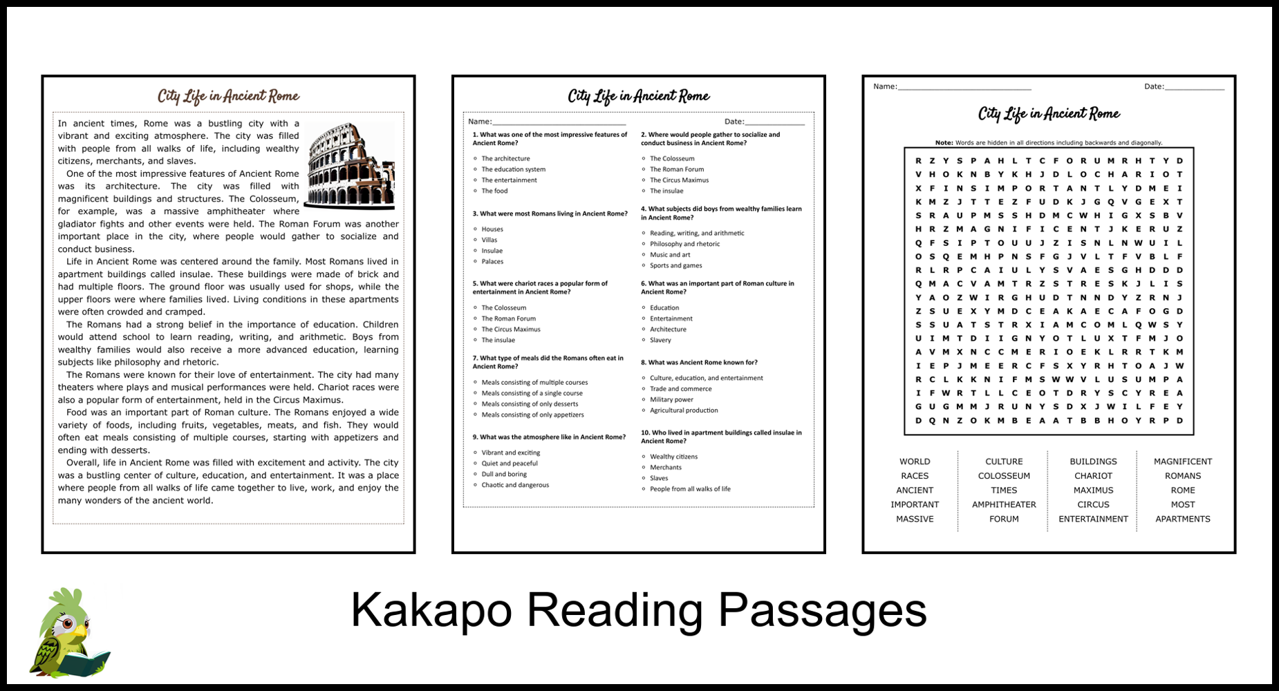 City Life In Ancient Rome Reading Comprehension And Word Search Teaching Resources