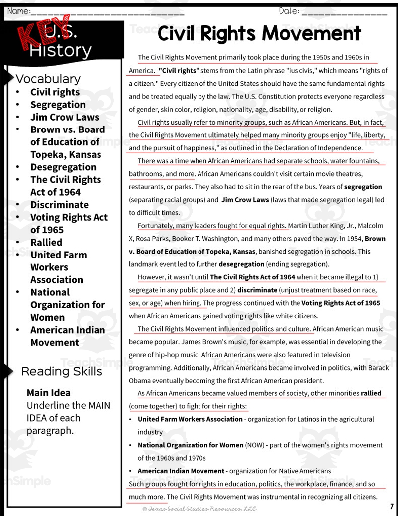 Civil Rights Reading Comprehension Worksheets