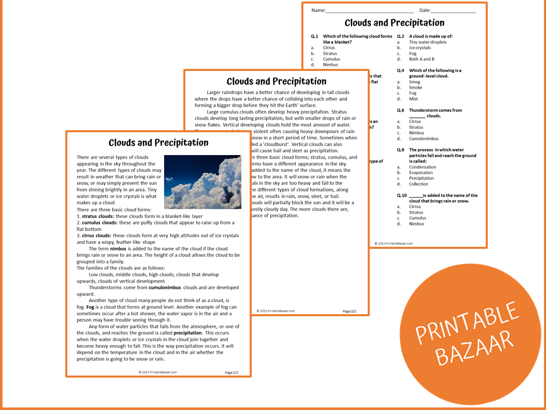 Clouds And Precipitation Reading Comprehension Passage And Questions PDF Teaching Resources