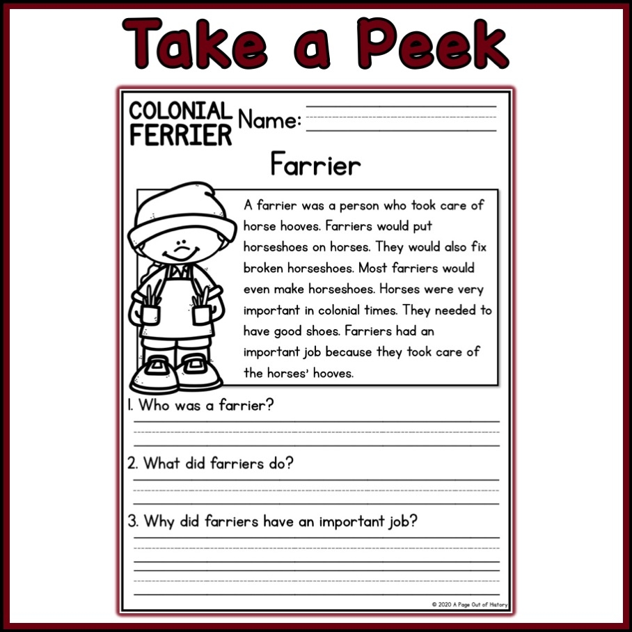 Colonial Farrier Social Studies Reading Comprehension Passages K 2 