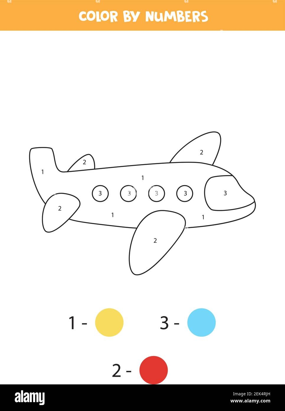 Color Cartoon Airplane By Numbers Transportation Worksheet Stock 