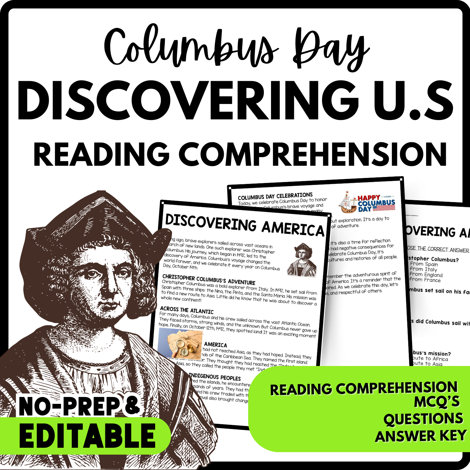 Columbus Day Discovering America Reading Comprehension Worksheet 