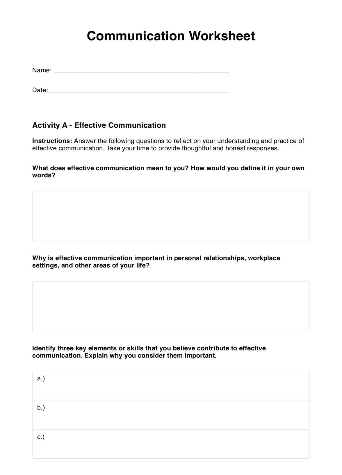 Communication Worksheet U0026 Example Free PDF Download