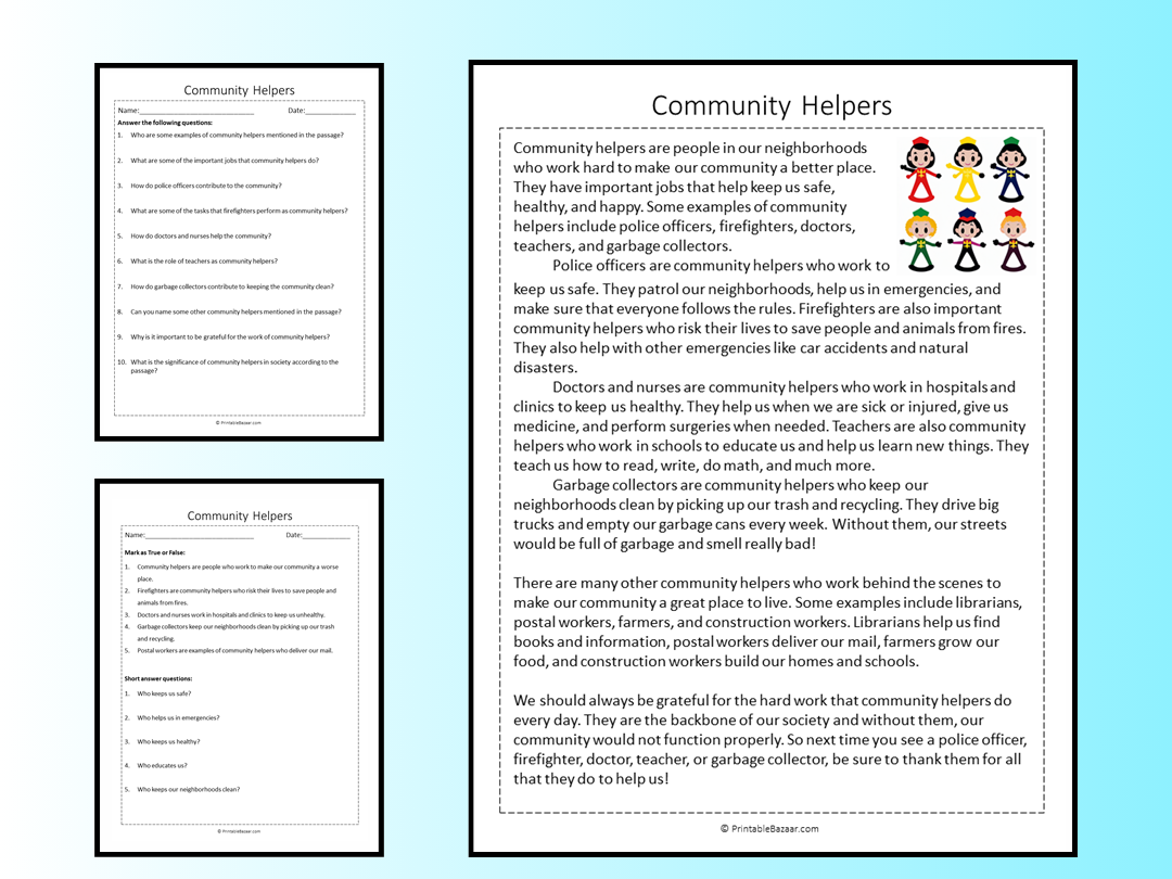 Free Reading Comprehension Worksheets Community Helpers