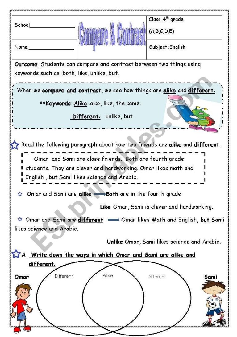 Compare U0026 Contrast ESL Worksheet By Manar k