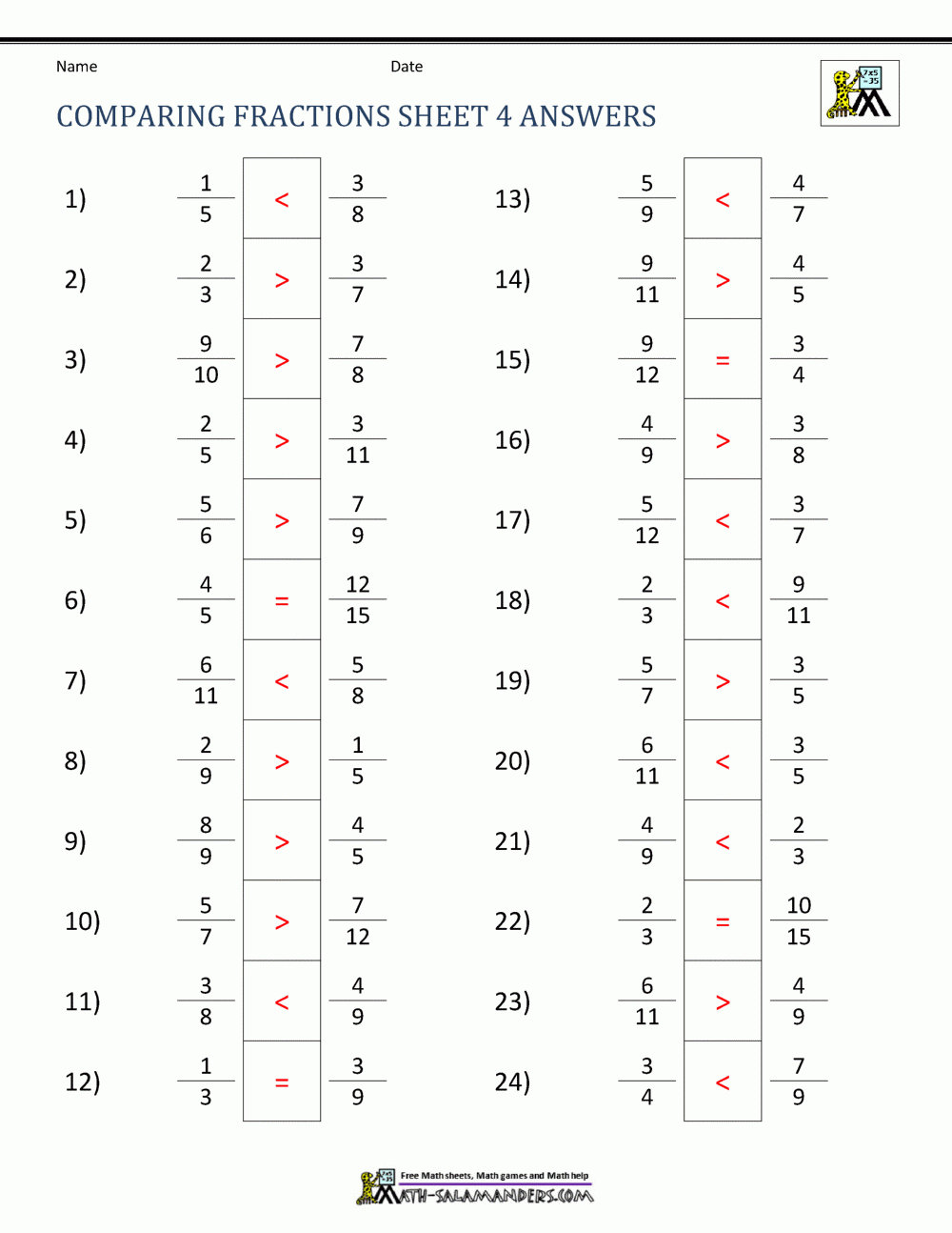 Comparing Fractions Worksheet