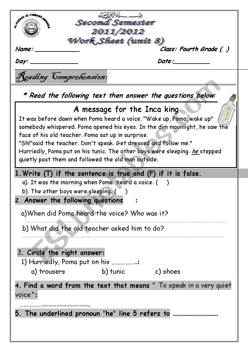 Grade 4 Reading Comprehension Worksheet Espaã±Ol