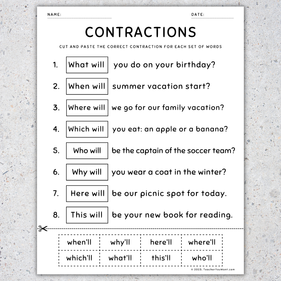Free Printable Contraction Worksheets 4th Grade