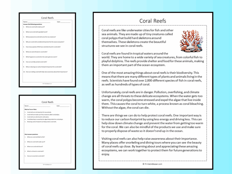Coral Reefs Reading Comprehension Passage Printable Worksheet Teaching Resources