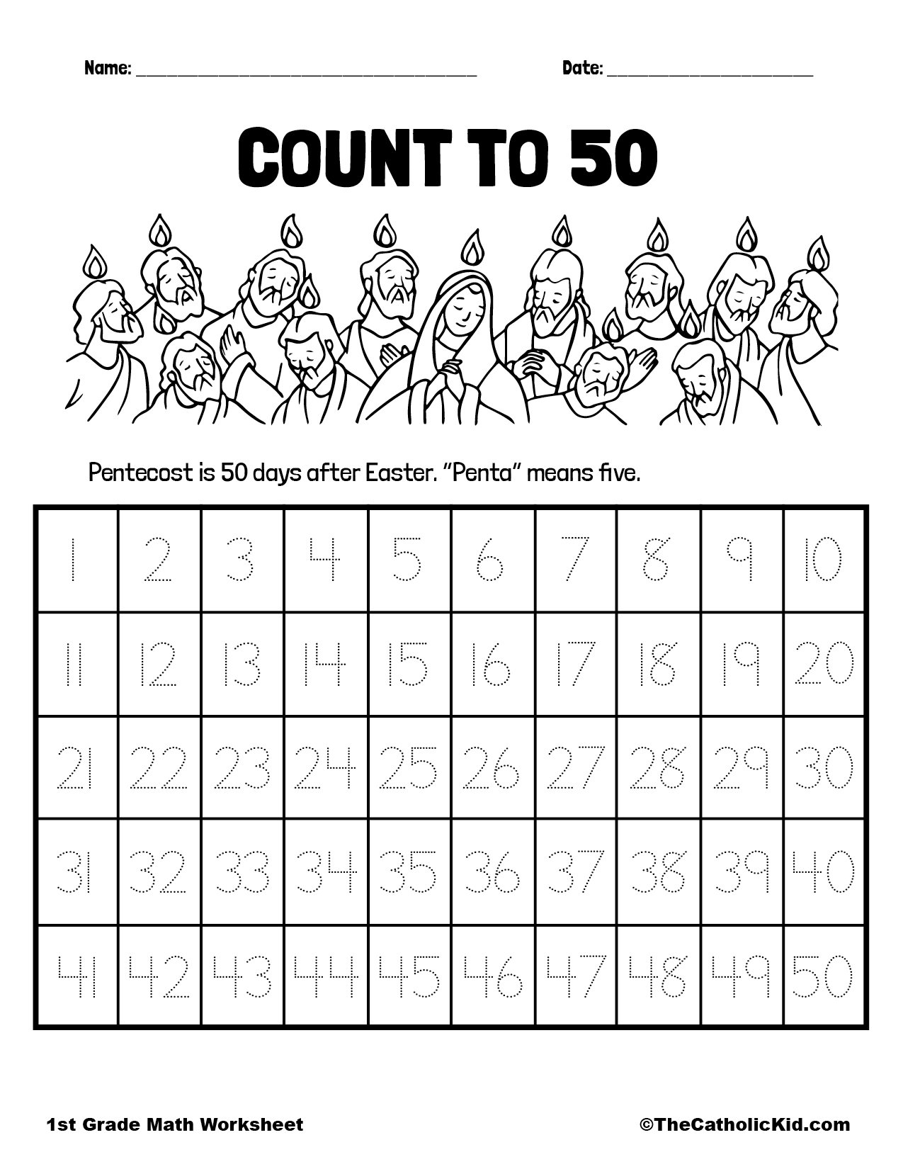 Count To Fifty 1st Grade Math Worksheet Catholic Themed Pentecost