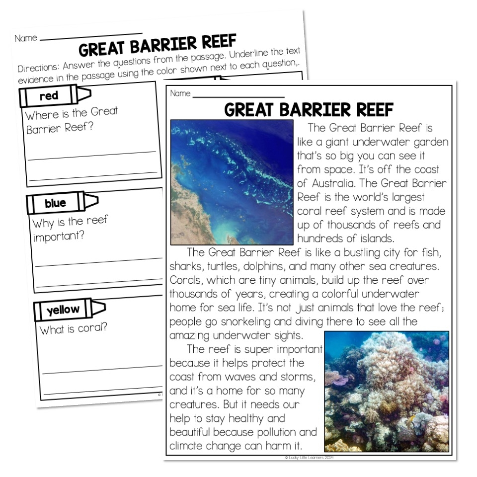 Country Study Australia Reading Passage And Questions Great Barrier Reef Lucky Little Learners