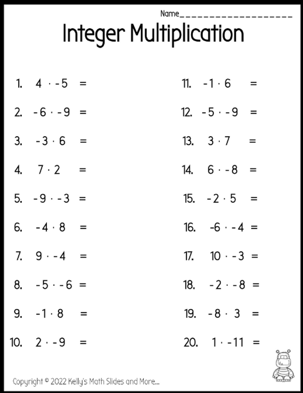 Free Printable Math Integer Worksheets