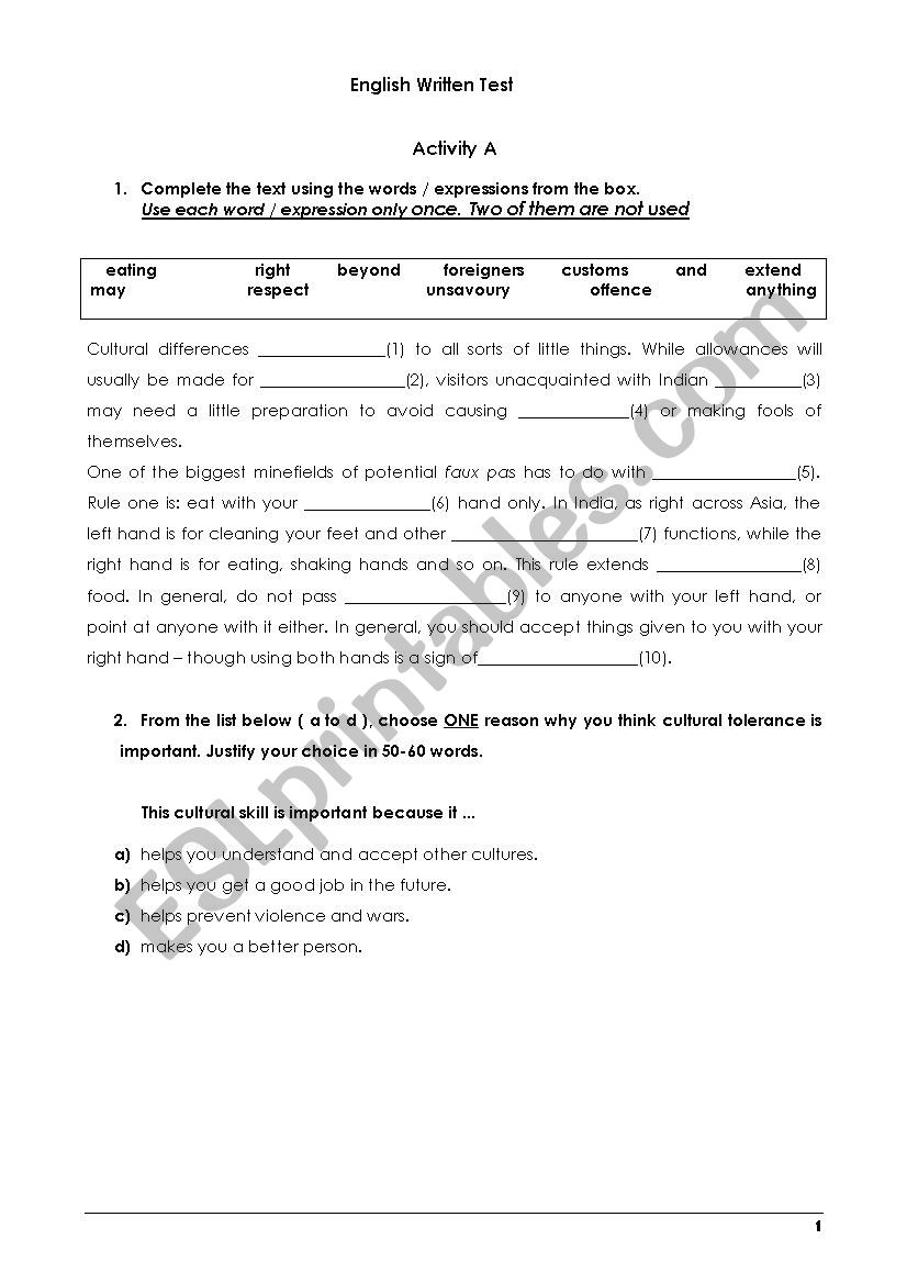 Culture Shock Reading Comprehension Worksheets