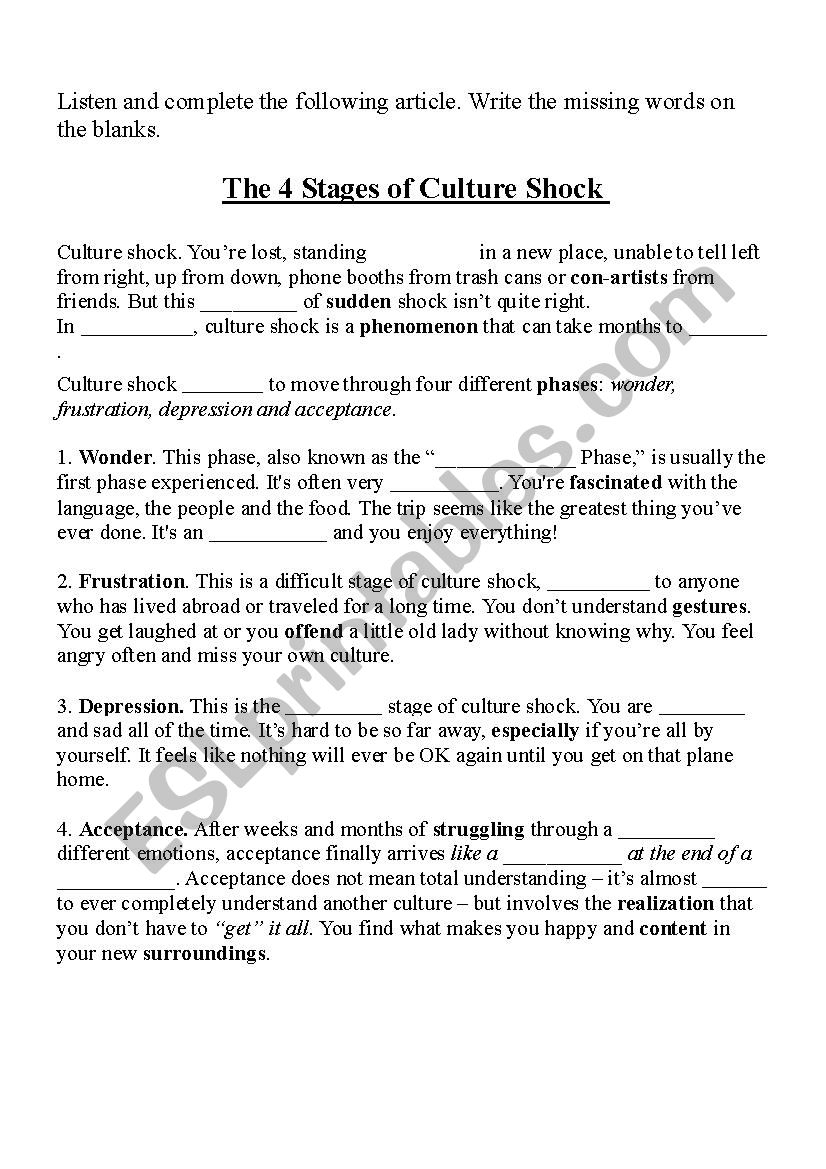 Culture Shock ESL Worksheet By Tchrkaren