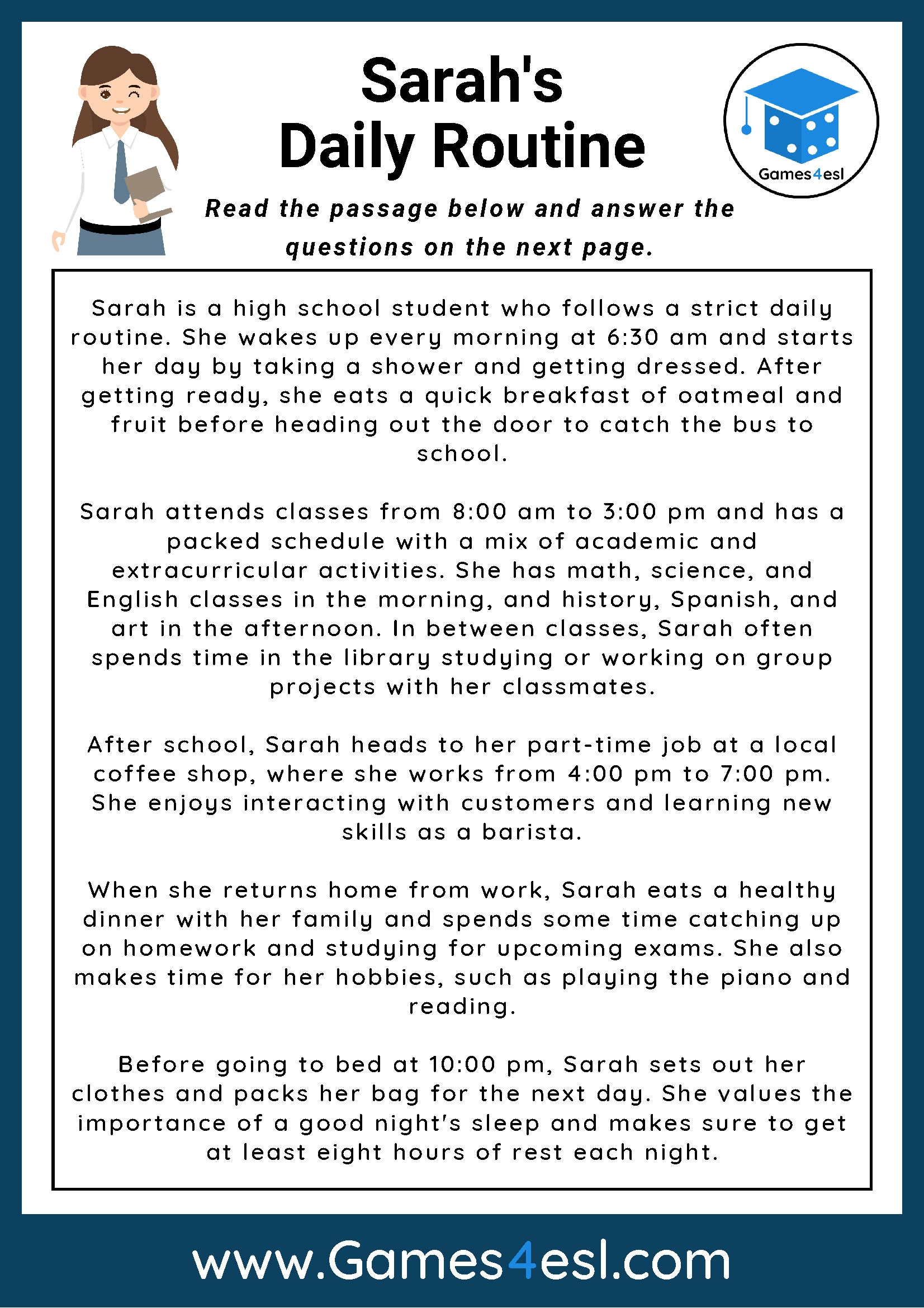 Daily Routine Reading Comprehension Worksheet Games4esl